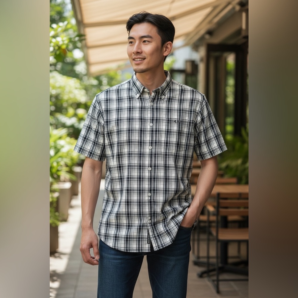 Oakley Men's Short Sleeve Button-Up Shirt Navy/Gray Plaid Size XL  Logo Pocket